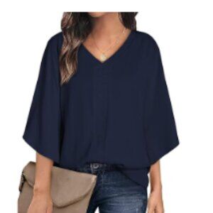 NWOT Happy Sailed Navy Blue V-Neck Blouse | Women’s Medium | Dressy Casual Top M